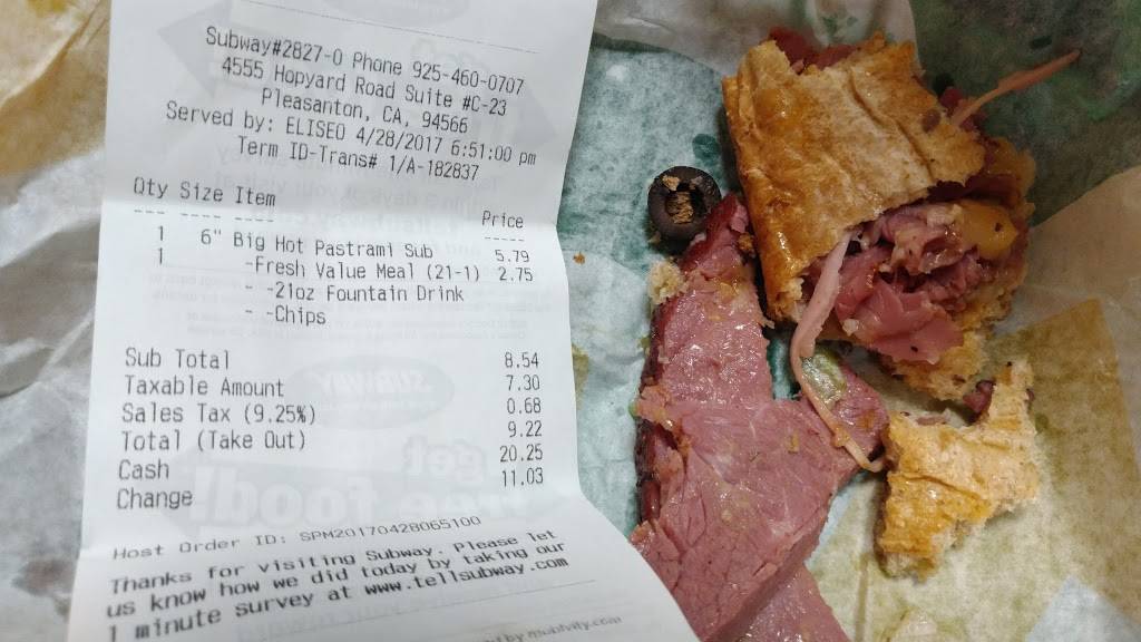 Subway Restaurants | restaurant | 4555 Hopyard Rd, Pleasanton, CA 94588, USA | 9254600707 OR +1 925-460-0707
