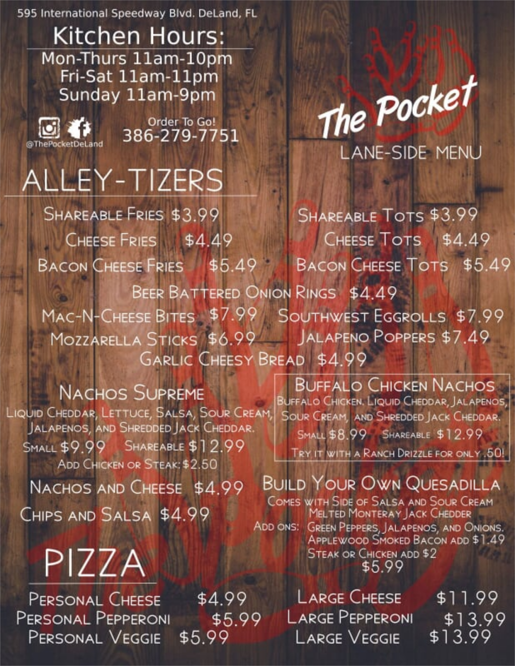 "The Pocket" Lane Side Grill | restaurant | 595 E International Speedway Blvd, DeLand, FL 32724, USA | 3862797751 OR +1 386-279-7751