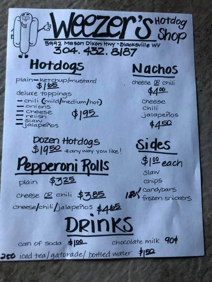 Weezer’s Hot Dog Shop | restaurant | 5992 Mason-Dixon Hwy, Blacksville, WV 26521, USA | 3044328187 OR +1 304-432-8187