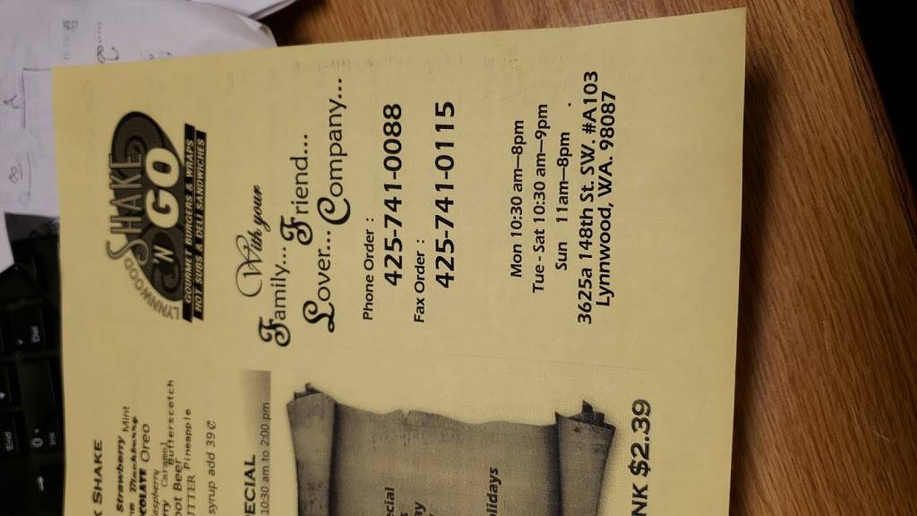 Shake N Go Lynnwood | restaurant | 3625a 148th St SW a103, Lynnwood, WA 98087, USA | 4257410088 OR +1 425-741-0088
