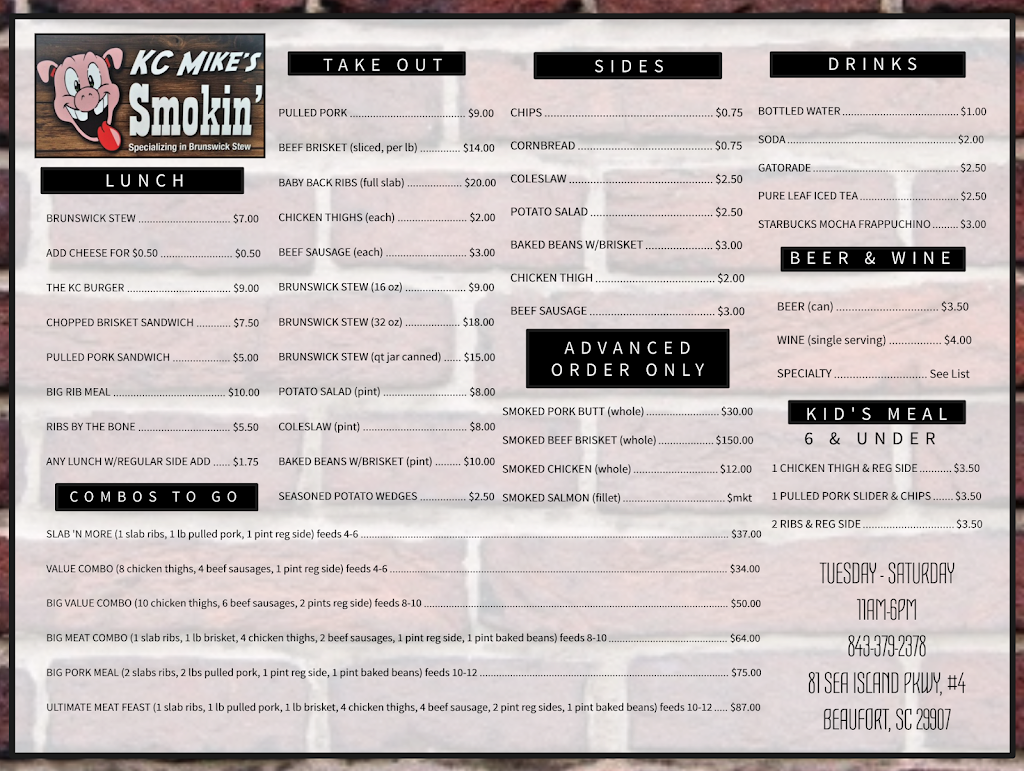 KC Mikes Smokin | restaurant | 81 Sea Island Pkwy #4, Beaufort, SC 29907, USA | 8433792378 OR +1 843-379-2378