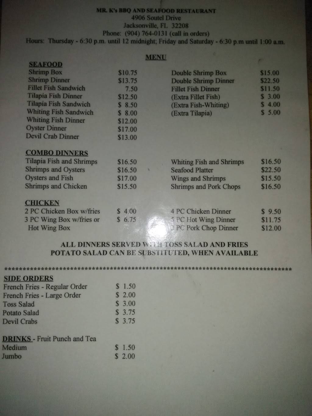 Mr K Bar-B-Que & Seafood | restaurant | 4906 Soutel Dr, Jacksonville, FL 32208, USA | 9047640131 OR +1 904-764-0131