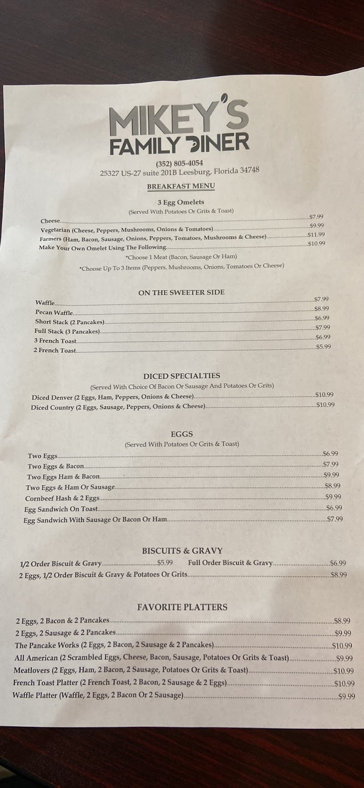 Mikeys Family Diner | restaurant | 25327 US-27 Suite 201B, Leesburg, FL 34748, USA | 3528054054 OR +1 352-805-4054