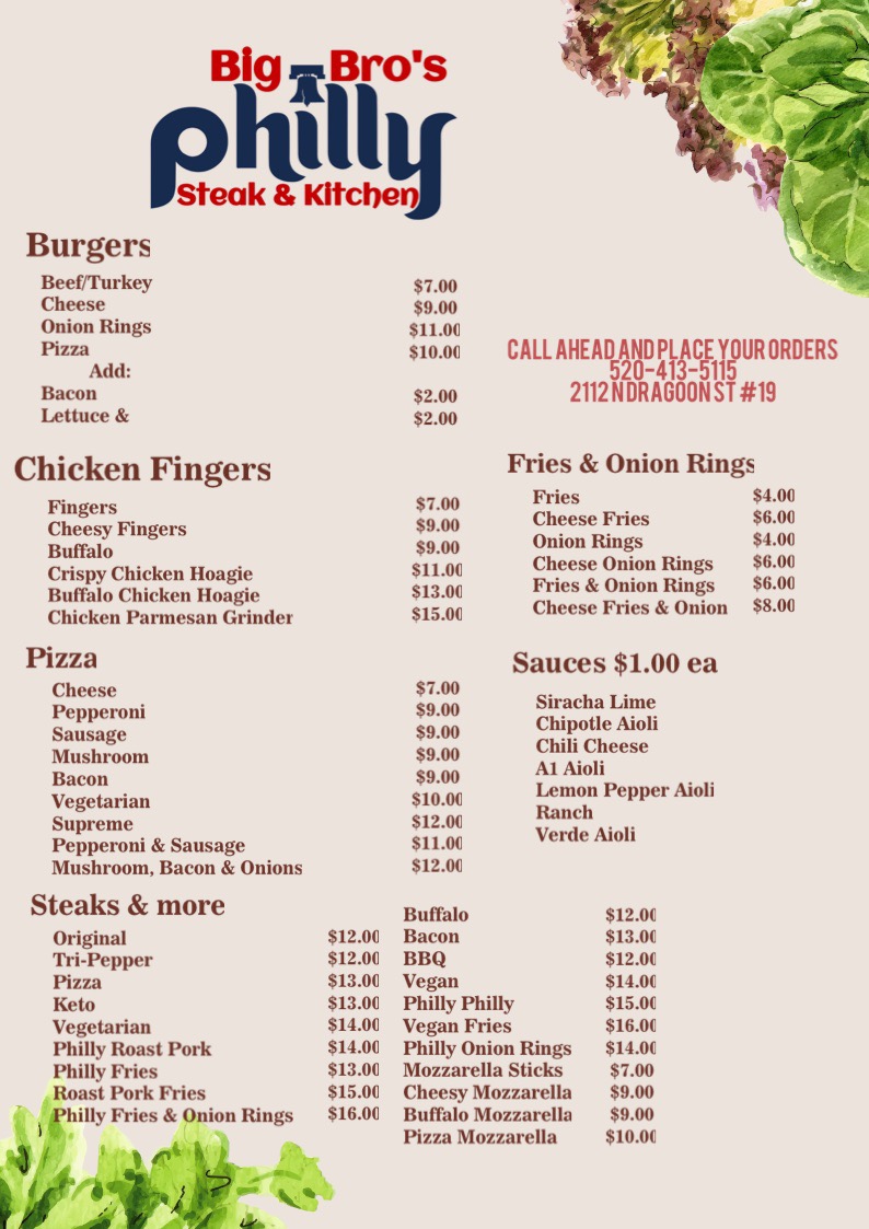 Big Bros Philly Steaks and Catering | restaurant | 2112 N Dragoon St Suite 19, Tucson, AZ 85745, USA | 5204135115 OR +1 520-413-5115