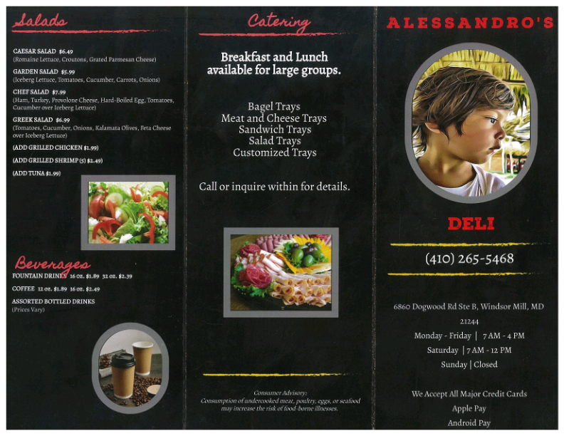 Alessandros Deli | restaurant | 6860 Dogwood Rd Suite B, Windsor Mill, MD 21244, USA | 4102655468 OR +1 410-265-5468