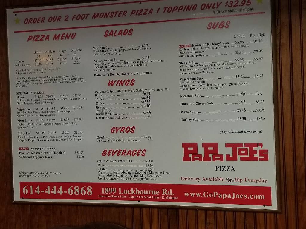 Papa Joes Pizza | restaurant | 1899 Lockbourne Rd, Columbus, OH 43207, USA | 6144446868 OR +1 614-444-6868