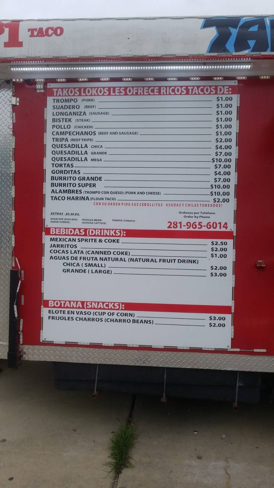 Takos Lokos Truck | restaurant | 23013-23039 Aldine Westfield Rd, Spring, TX 77373, USA | 2819656014 OR +1 281-965-6014