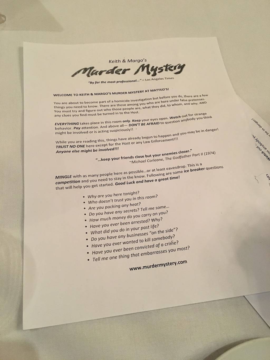 Keith & Margos Murder Mystery Dinner at Matteos | restaurant | 2321 Westwood Blvd, Los Angeles, CA 90064, USA | 3108367700 OR +1 310-836-7700