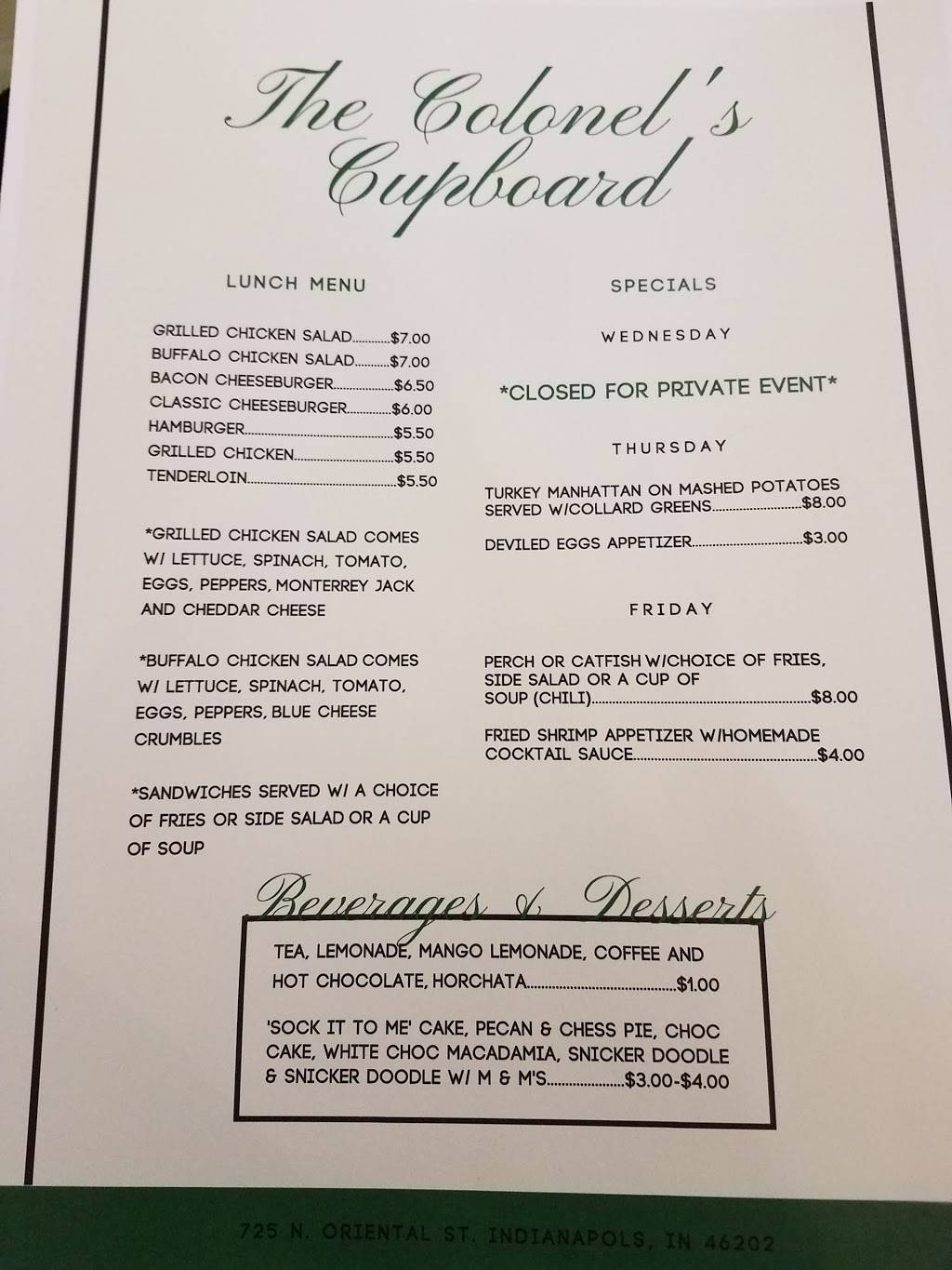 Colonels Cupboard Restaurant | restaurant | 1500 E Michigan St, Indianapolis, IN 46201, USA | 3176935442 OR +1 317-693-5442