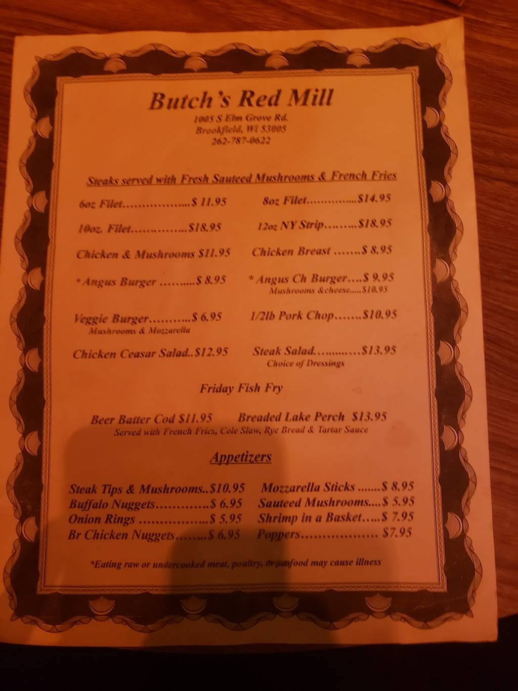 Butchs Red Mill | restaurant | 1005 S Elm Grove Rd, Brookfield, WI 53005, USA | 2627870622 OR +1 262-787-0622