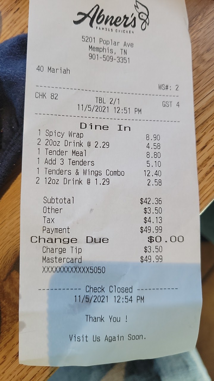 Abners Famous Chicken | restaurant | 5191 Poplar Ave, Memphis, TN 38117, USA | 9015093351 OR +1 901-509-3351