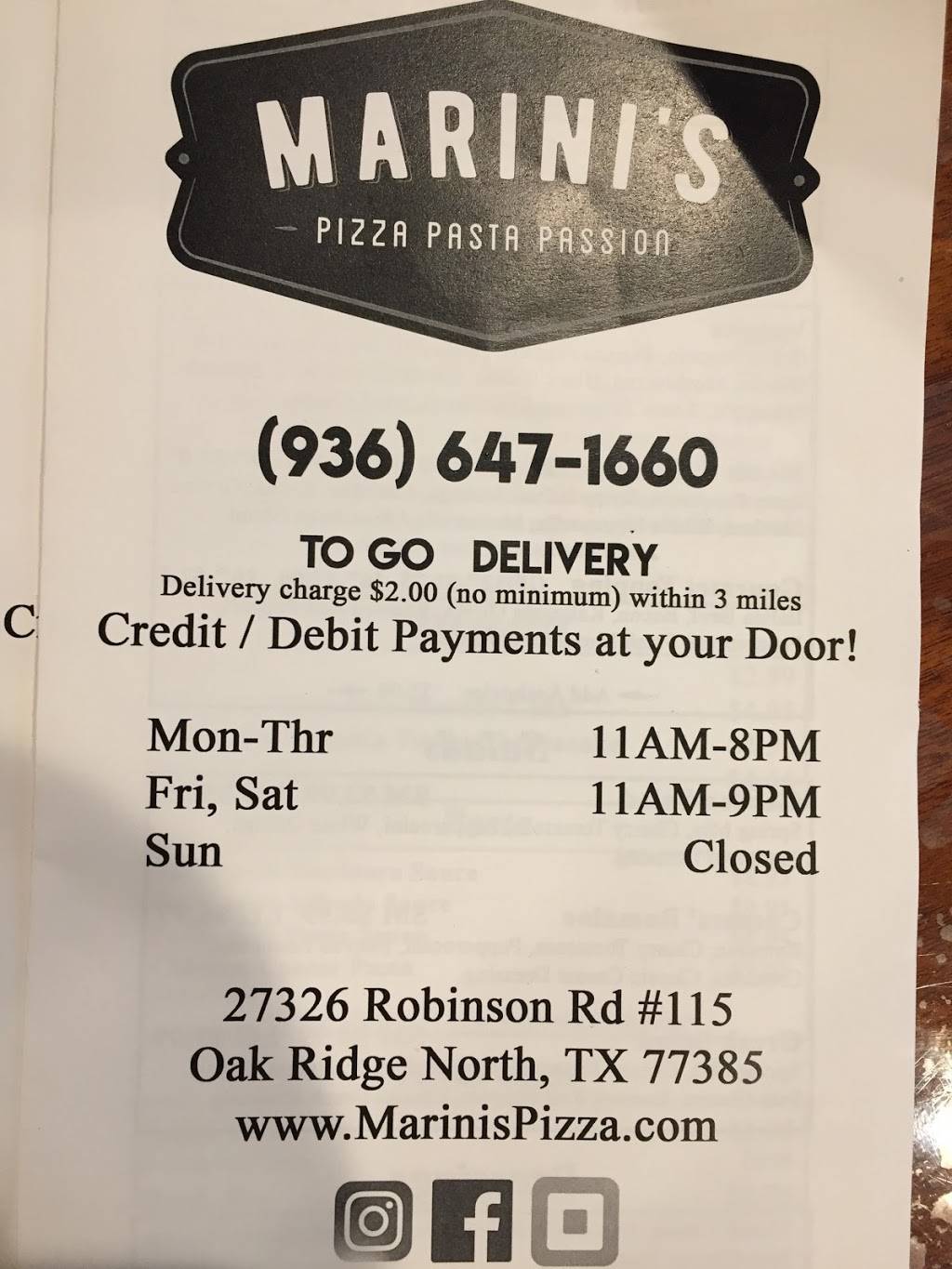 Marinis Pizza | meal delivery | 27326 Robinson Rd #115, Conroe, TX 77385, USA | 9366471660 OR +1 936-647-1660