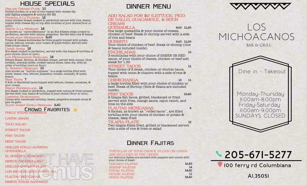 Los Michoacanos Restaurant | restaurant | 100 Ferry Rd, Columbiana, AL 35051, USA | 2056715277 OR +1 205-671-5277