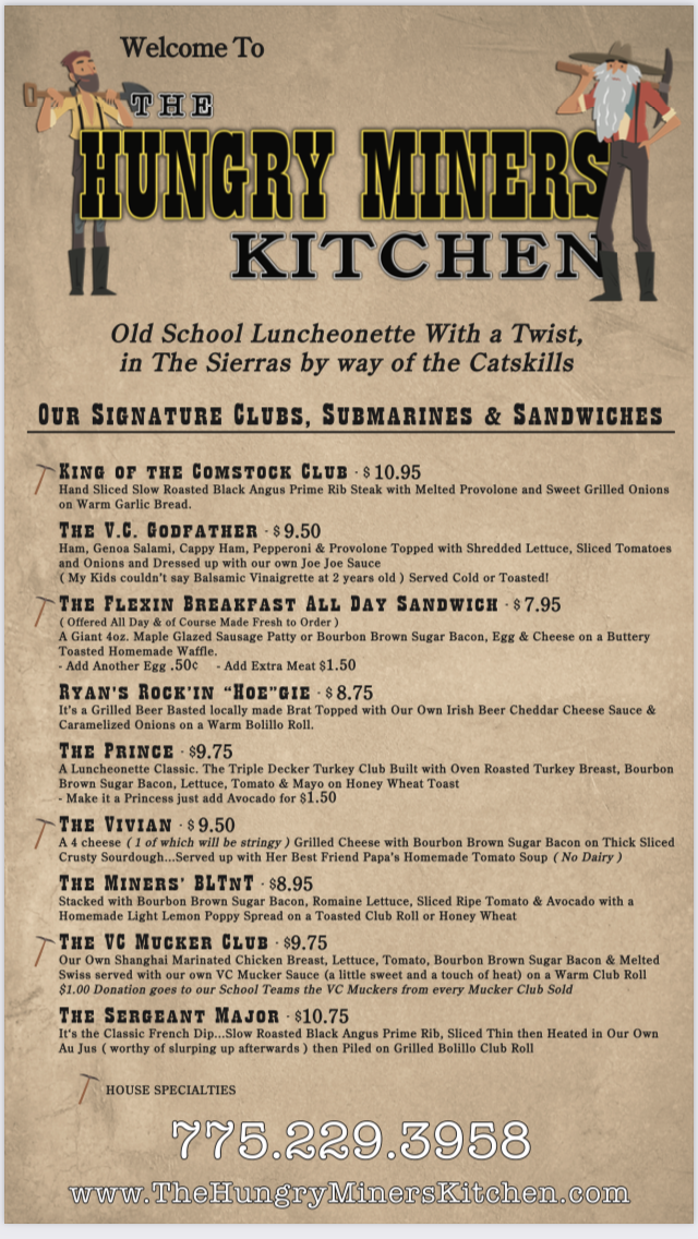 The Hungry Miners Kitchen | restaurant | 355 F St, Virginia City, NV 89440, USA | 8457910241 OR +1 845-791-0241