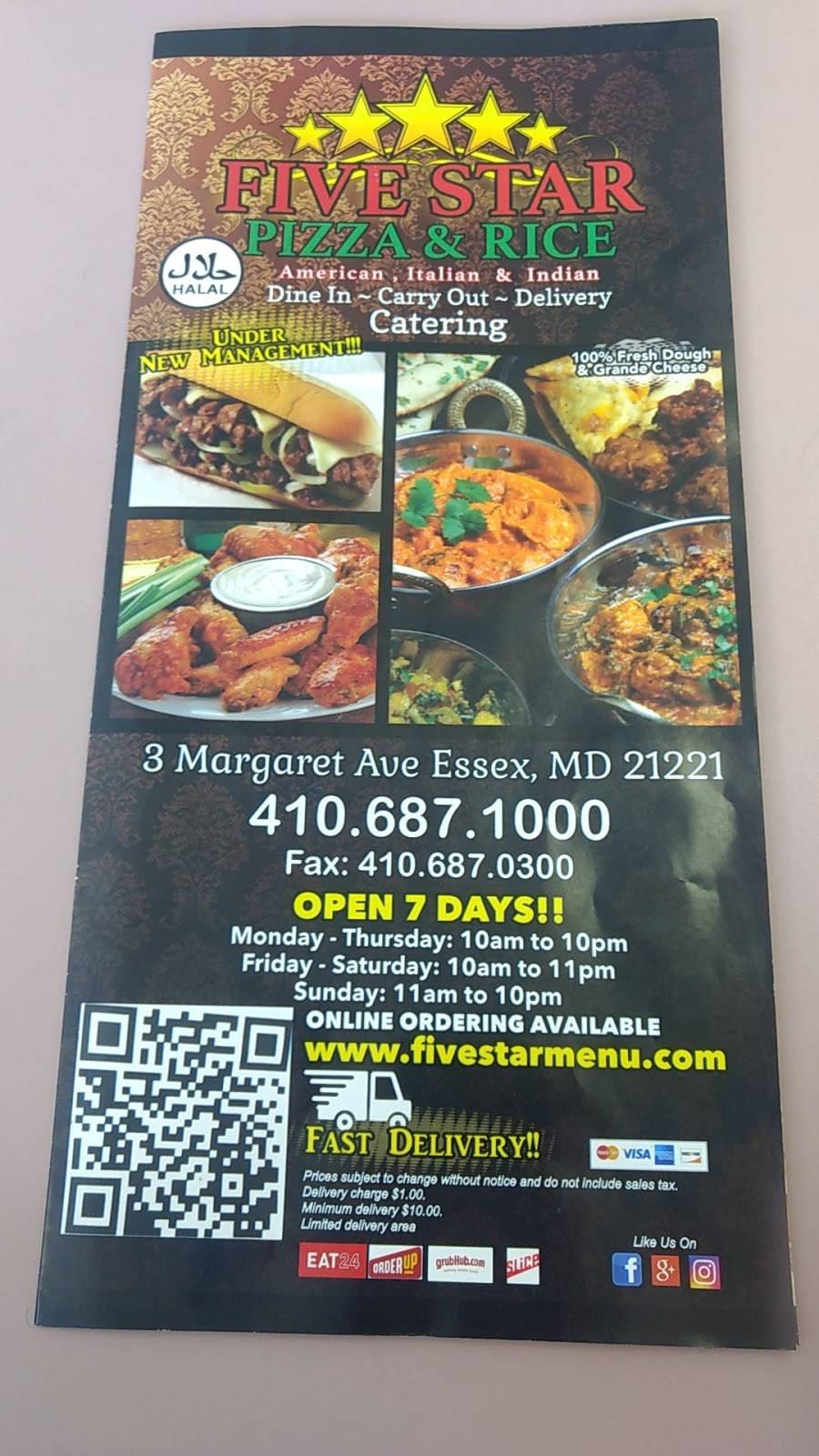 Five Star Pizza & Rice | meal delivery | 3 Margaret Ave, Essex, MD 21221, USA | 4106871000 OR +1 410-687-1000