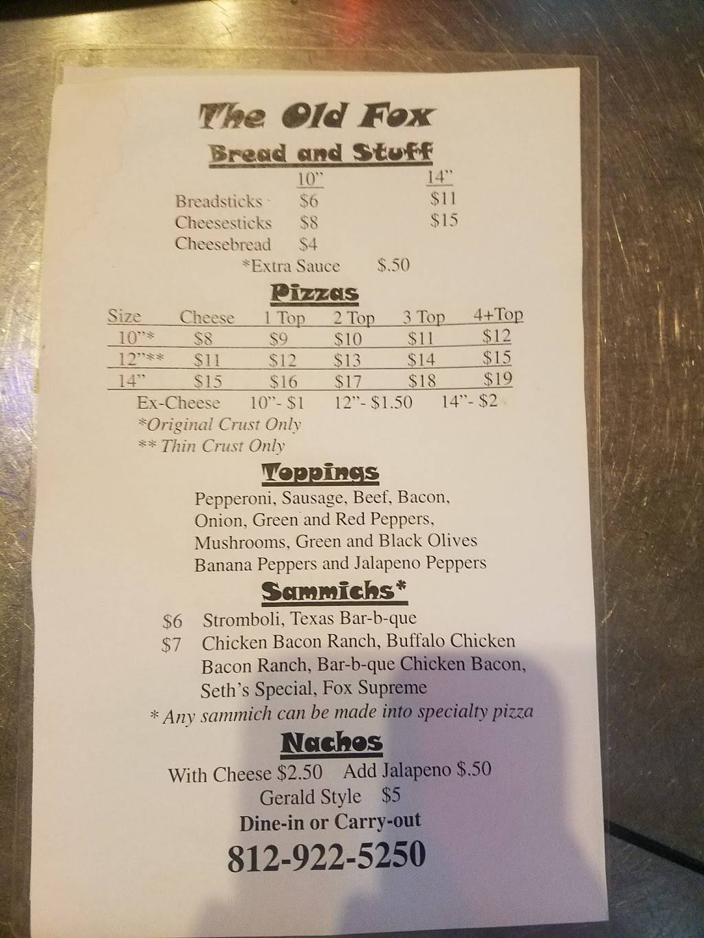 The Old Fox | restaurant | 113 E 2nd St, Lynnville, IN 47619, USA | 8129225250 OR +1 812-922-5250