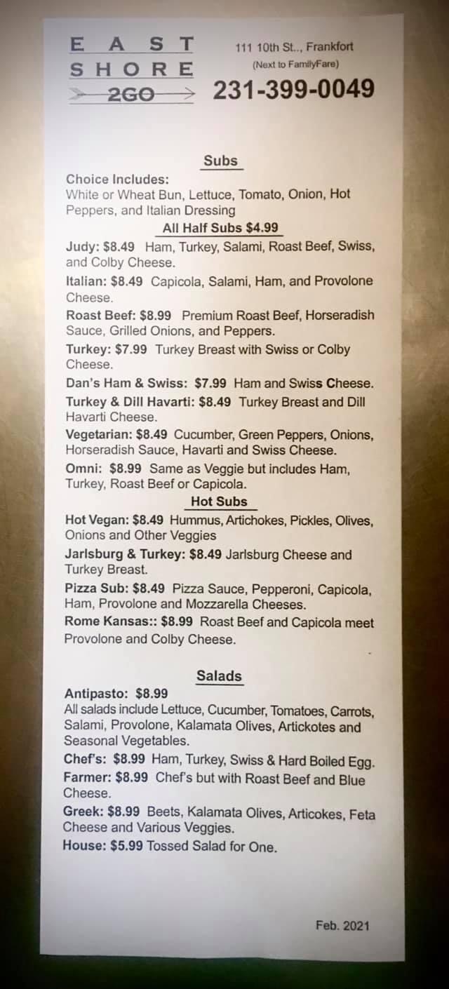 East Shore 2GO | restaurant | 111 10th St, Frankfort, MI 49635, USA | 2313990049 OR +1 231-399-0049