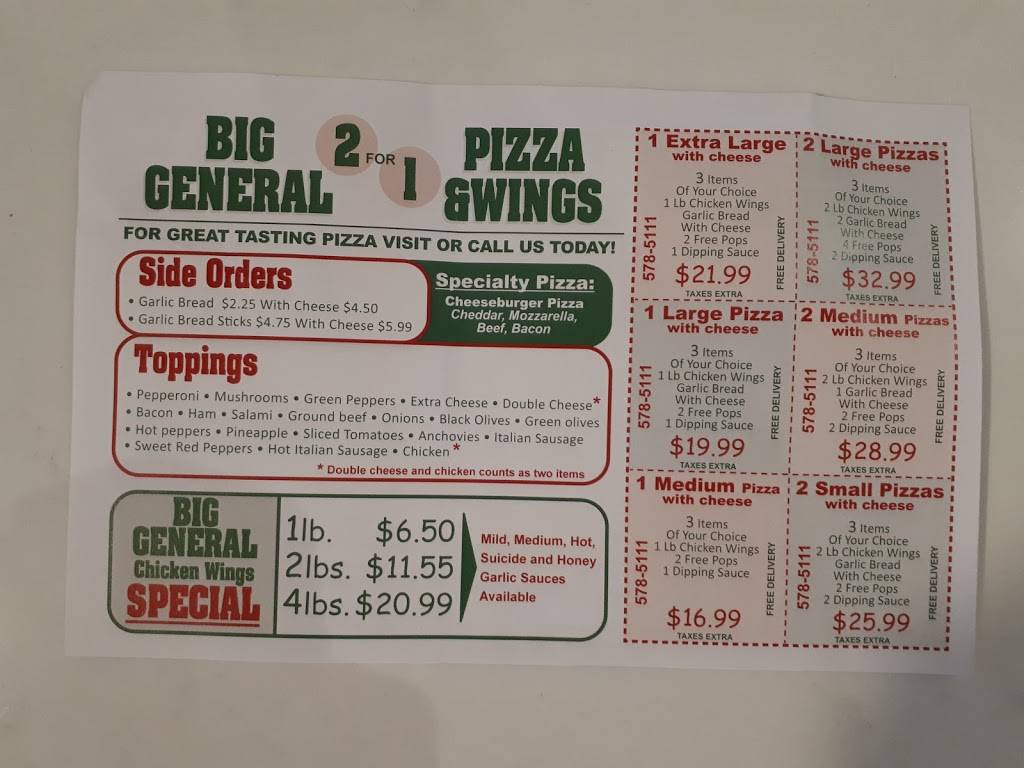 Big General 2 For 1 Pizza | restaurant | 564 King St E, Kitchener, ON N2G 2M1, Canada | 5195785111 OR +1 519-578-5111