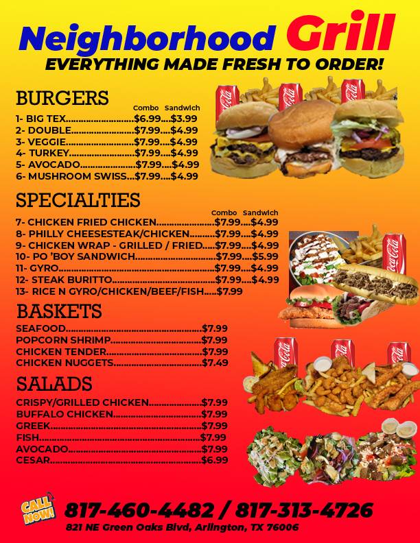 Neighborhood Grill | restaurant | 821 NE Green Oaks Blvd, Arlington, TX 76006, USA | 8173134726 OR +1 817-313-4726