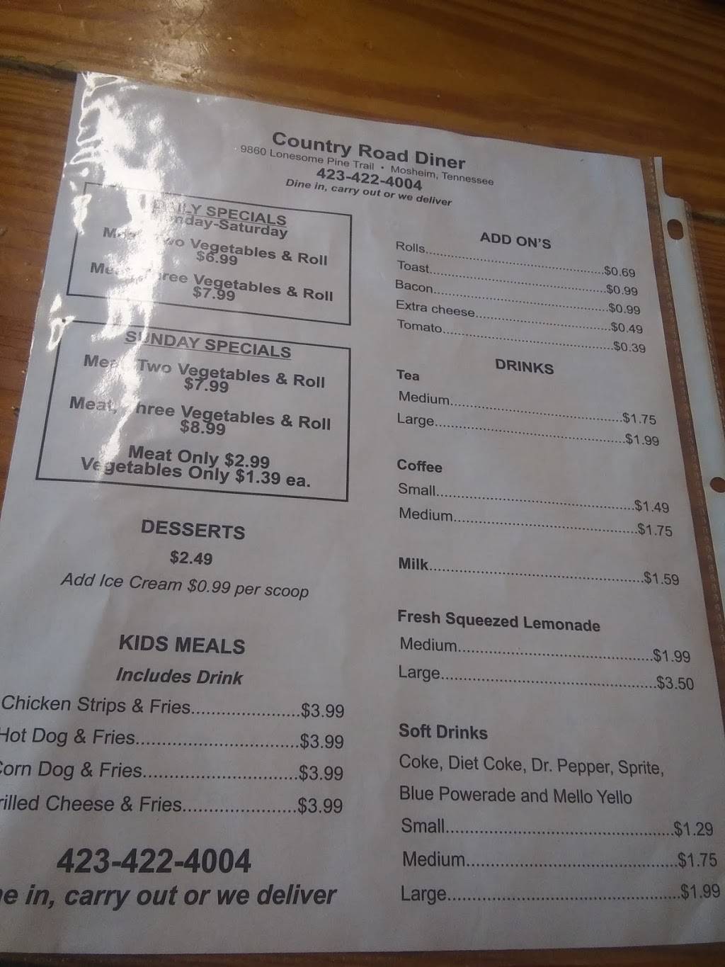 Country Road Diner | restaurant | 9860 Lonesome Pine Trail, Mosheim, TN 37818, USA | 4234224004 OR +1 423-422-4004