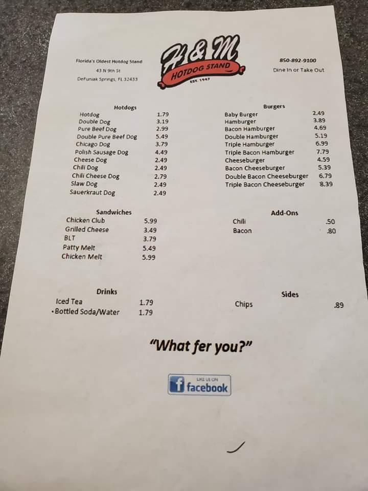 H & M Hot Dogs | restaurant | 43 9th St, Defuniak Springs, FL 32435, USA | 8508929100 OR +1 850-892-9100