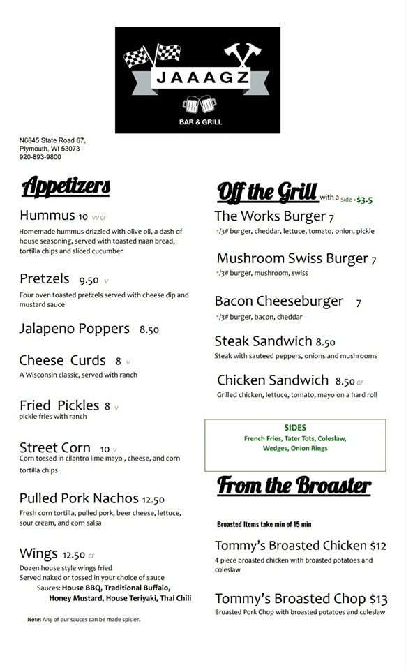 JAAAGZ Bar and Grill | restaurant | N6845 WI-67, Plymouth, WI 53073, USA | 9208939800 OR +1 920-893-9800