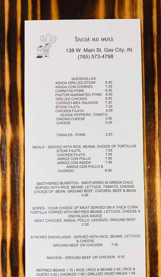 Tacos No Mas | restaurant | 138 W Main St, Gas City, IN 46933, USA | 7655734798 OR +1 765-573-4798