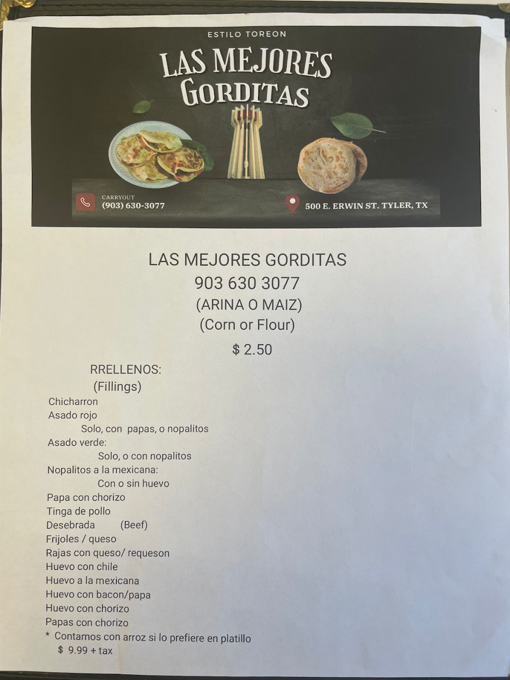 Las Mejores Gorditas | restaurant | 500 E Erwin St, Tyler, TX 75702, USA | 9036303077 OR +1 903-630-3077