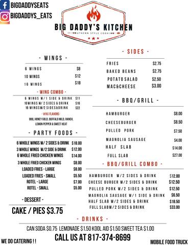 Big Daddys Kitchen | restaurant | 5512 Brentwood Stair Rd, Fort Worth, TX 76112, USA | 8173748699 OR +1 817-374-8699