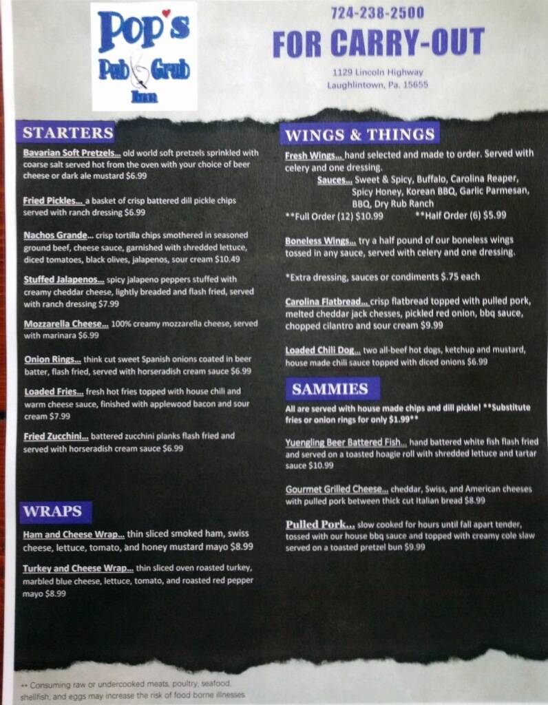 Pops Pub & Grub Inn | restaurant | 1129 US-30, Laughlintown, PA 15655, USA | 7242382500 OR +1 724-238-2500