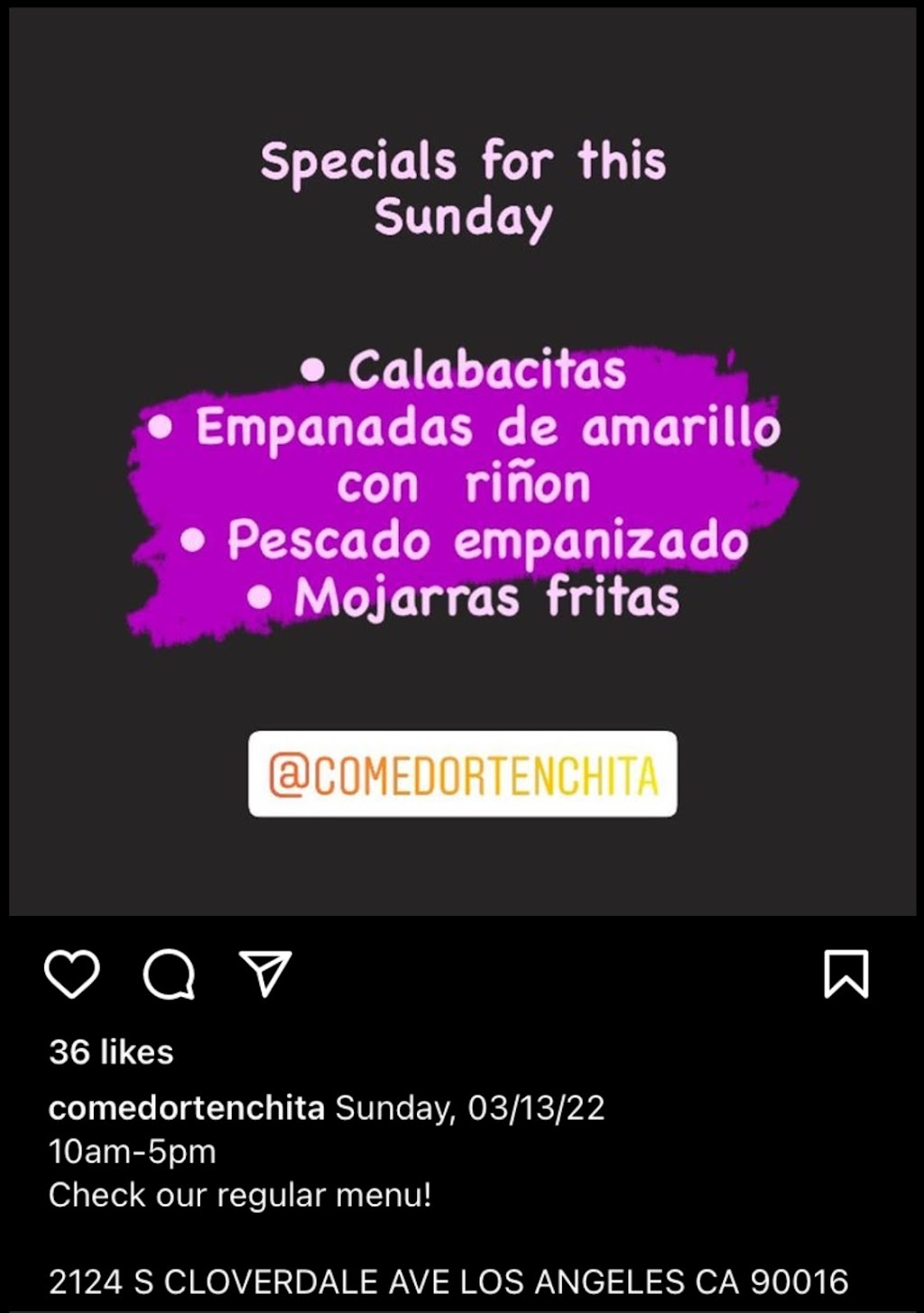 Comedor Tenchita | restaurant | 2124 S Cloverdale Ave, Los Angeles, CA 90016, USA | 3239321560 OR +1 323-932-1560