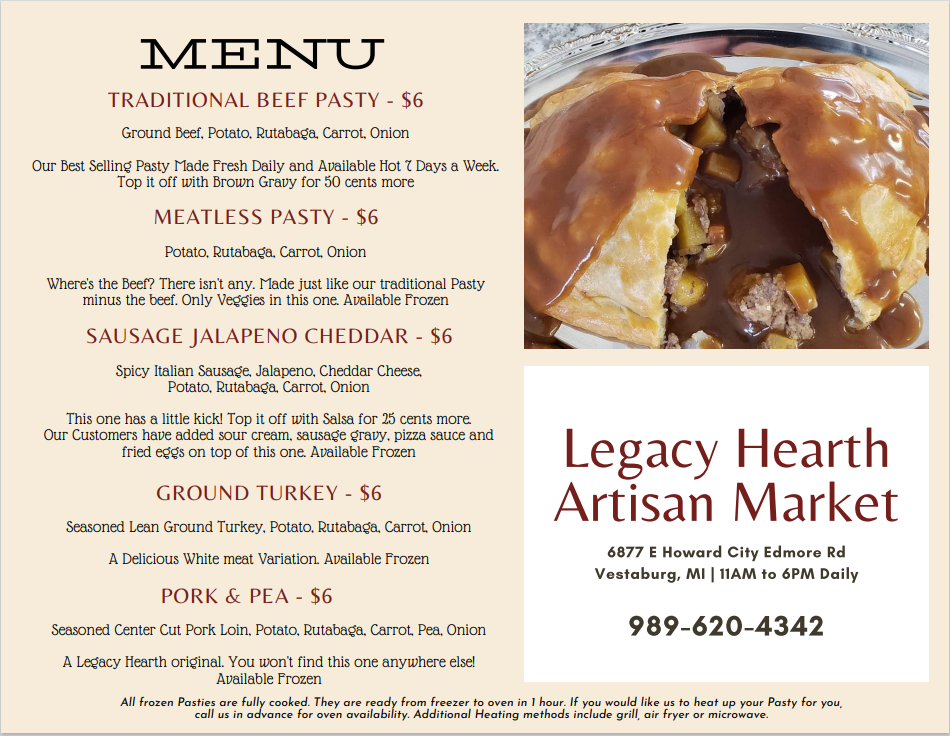 Legacy Hearth Artisan Market | meal takeaway | 6687 E Howard City-Edmore Rd, Vestaburg, MI 48891, USA | 9896204342 OR +1 989-620-4342