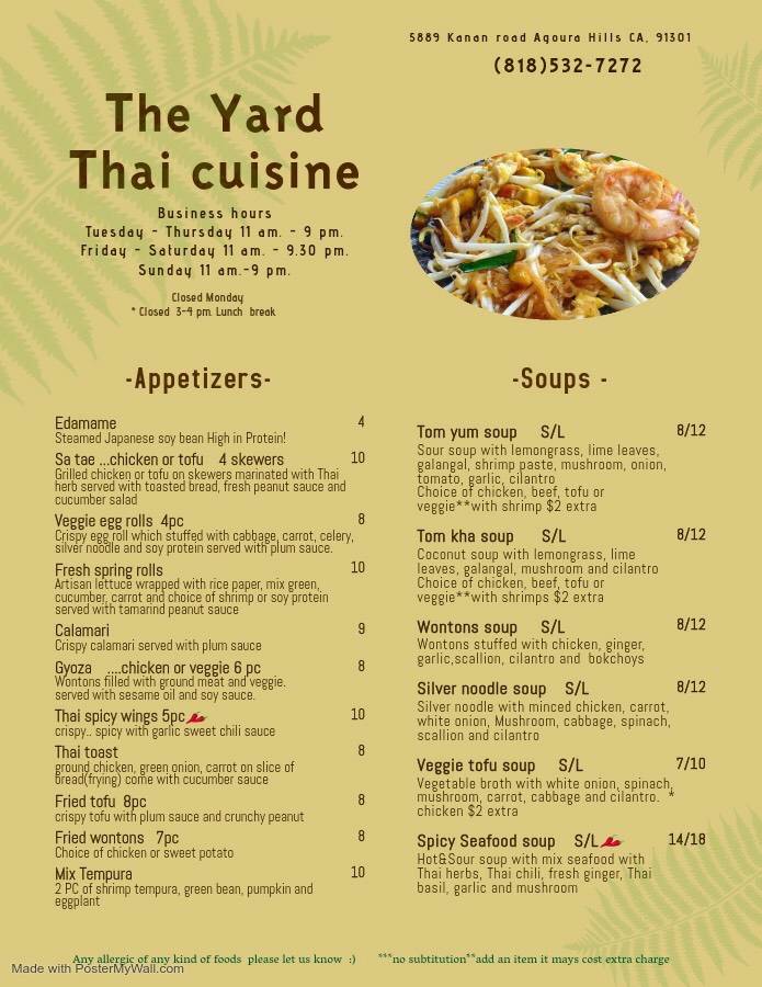 The Yard Thai Cuisine | restaurant | 5889 Kanan Rd, Agoura Hills, CA 91301, USA | 8185327272 OR +1 818-532-7272
