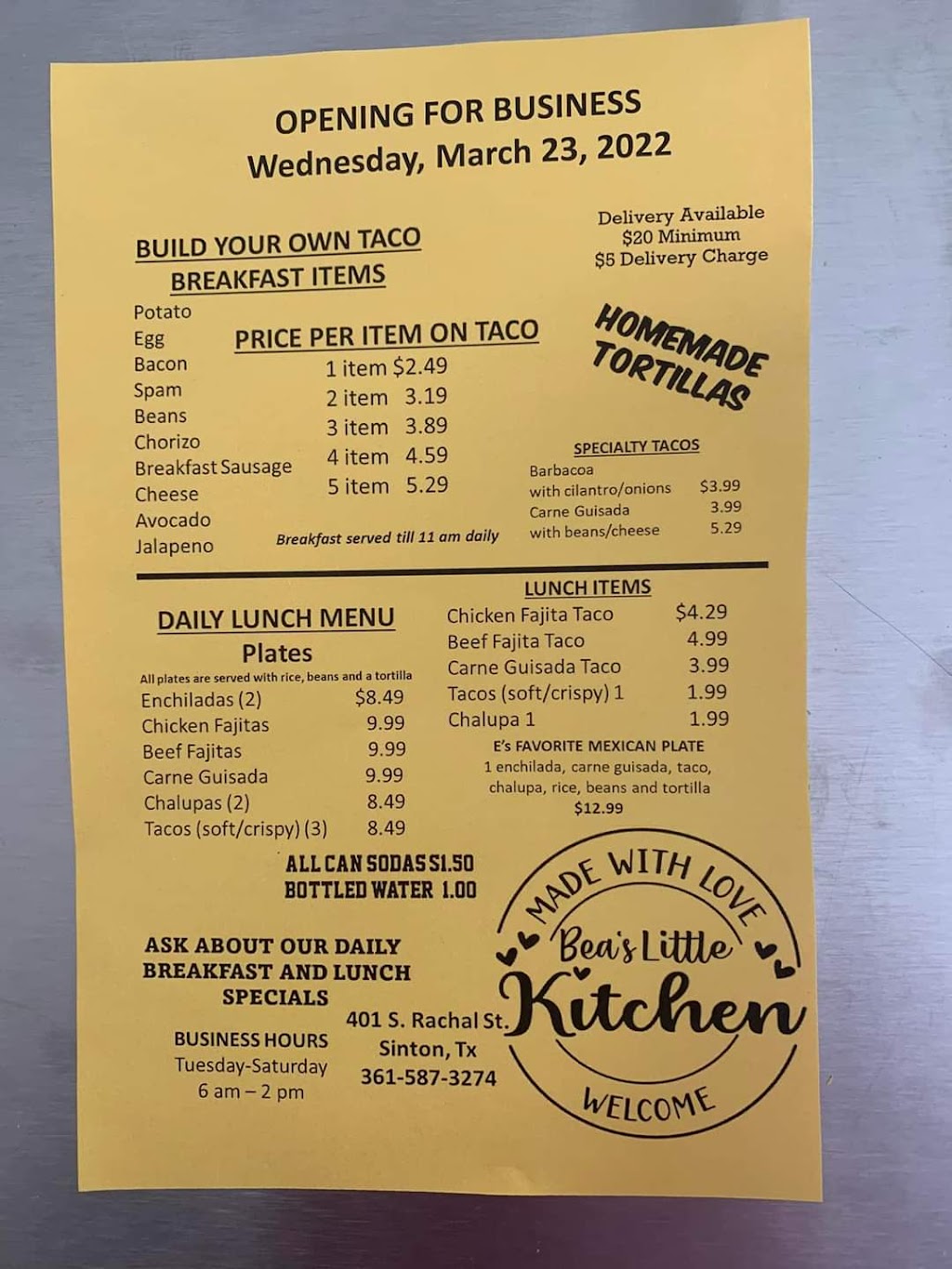 Beas Little Kitchen | restaurant | 401 S Rachal, Sinton, TX 78387, USA | 3615873274 OR +1 361-587-3274