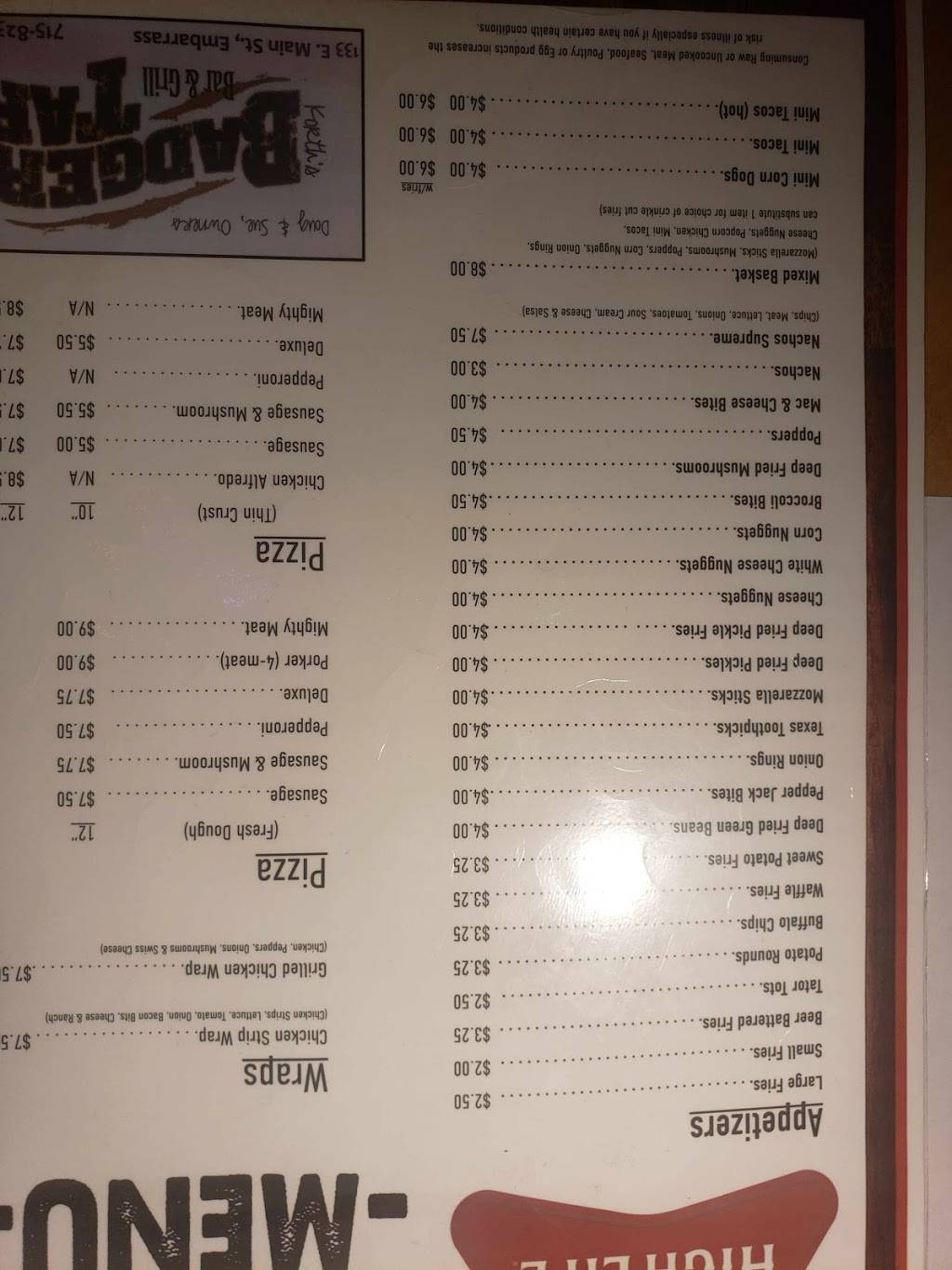 Badger tap | restaurant | 133 E Main St, Embarrass, WI 54933, USA | 7158233047 OR +1 715-823-3047