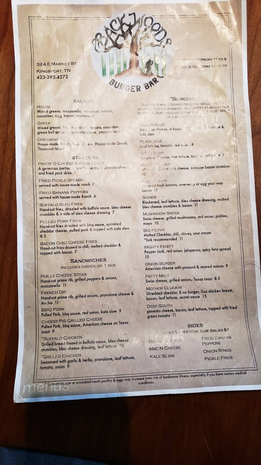 Backwoods Burger Bar | restaurant | 324 E Market St, Kingsport, TN 37660, USA | 4233924272 OR +1 423-392-4272