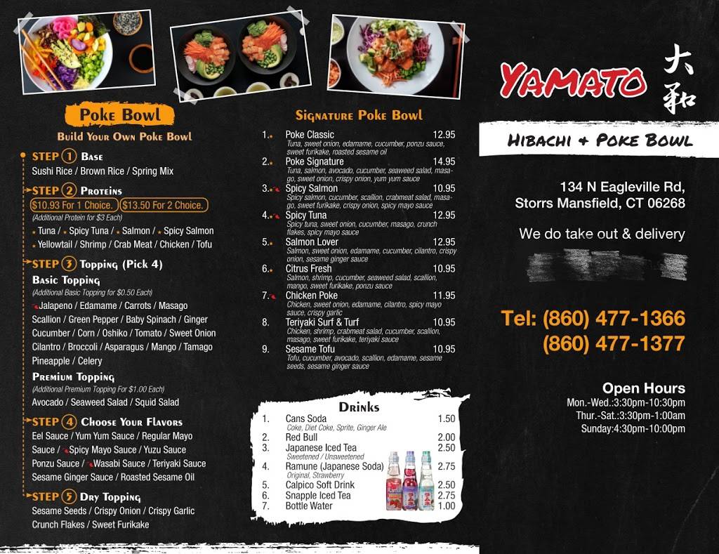 YAMATO Hibachi & Poke Bowl | restaurant | 134 N Eagleville Rd Unit D, Storrs, CT 06268, USA | 8604771366 OR +1 860-477-1366