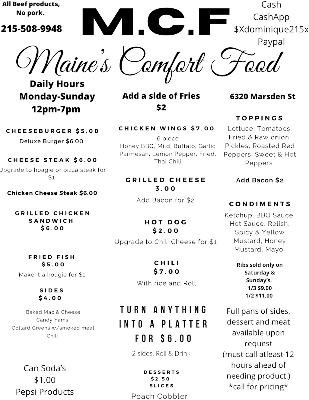 Maines Comfort Food LLC | restaurant | 6320 Marsden St, Philadelphia, PA 19135, USA | 2155089948 OR +1 215-508-9948