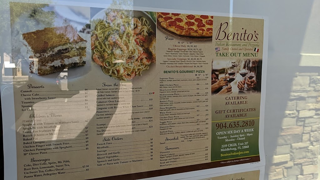 Benitos Italian Restaurant & Pizzeria | restaurant | 2219 County Rd 220 Suite 317, Middleburg, FL 32068, USA | 9048352810 OR +1 904-835-2810