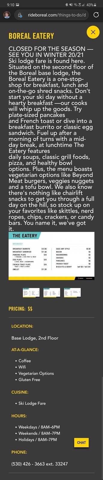 Boreal Eatery | restaurant | 19455 Boreal Ridge Rd, Soda Springs, CA 95728, USA | 530426366333247 OR +1 530-426-3663 ext. 33247