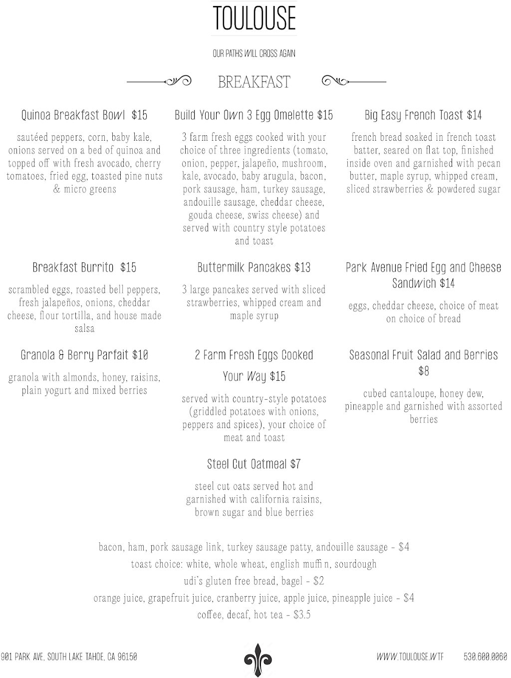 Toulouse South Lake Tahoe | restaurant | 901 Park Ave, South Lake Tahoe, CA 96150, USA | 5306000060 OR +1 530-600-0060