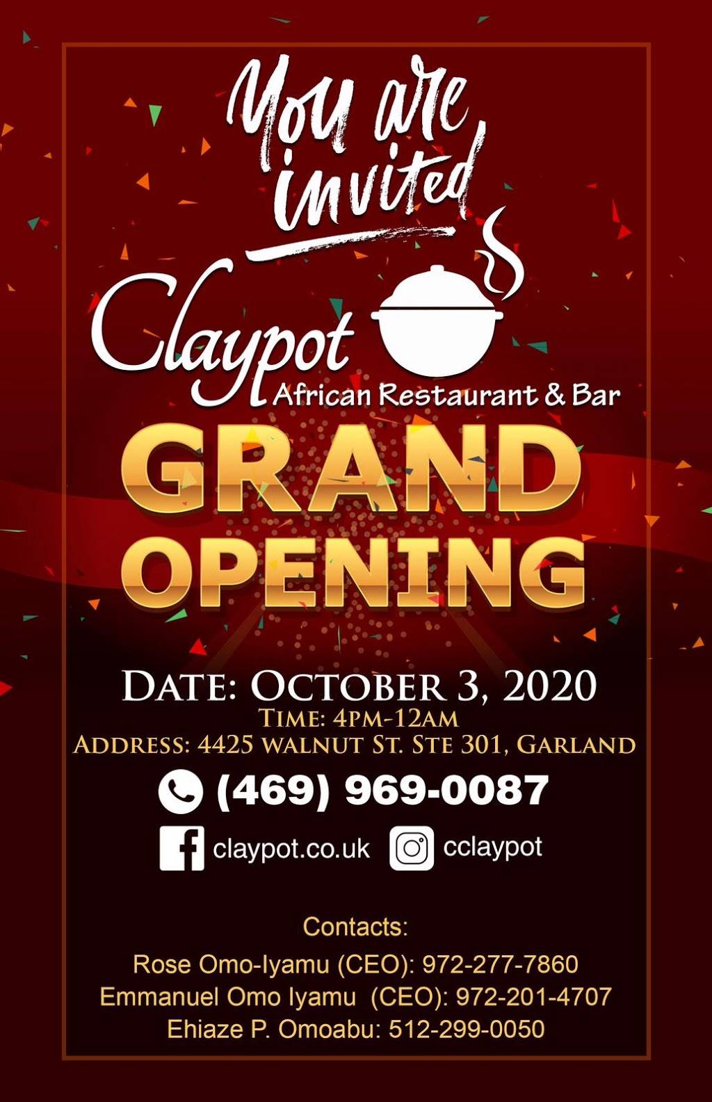 Claypot African Restaurant & Bar | restaurant | 4425 W Walnut St STE 301, Garland, TX 75042, USA | 4699690087 OR +1 469-969-0087