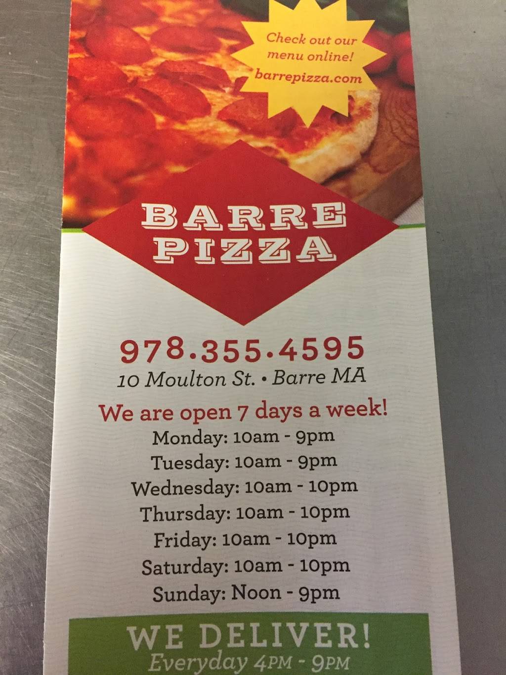 Barre Pizza | restaurant | 10 Moulton St, Barre, MA 01005, USA | 9783554595 OR +1 978-355-4595