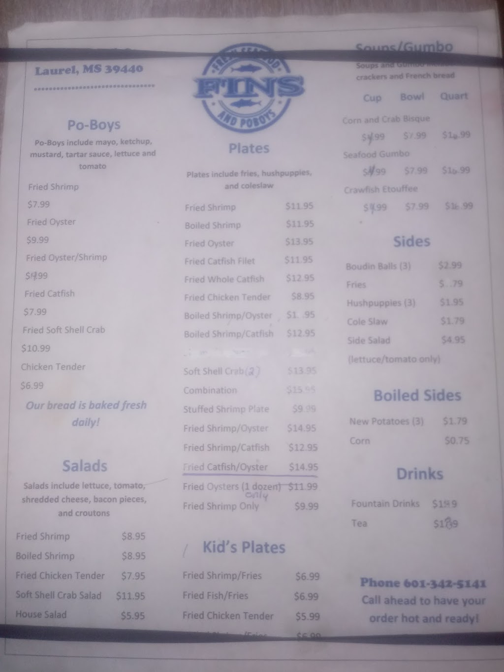 Fins Fresh Seafood and Po Boys | restaurant | 1305 W 6th St, Laurel, MS 39440, USA | 6013425141 OR +1 601-342-5141