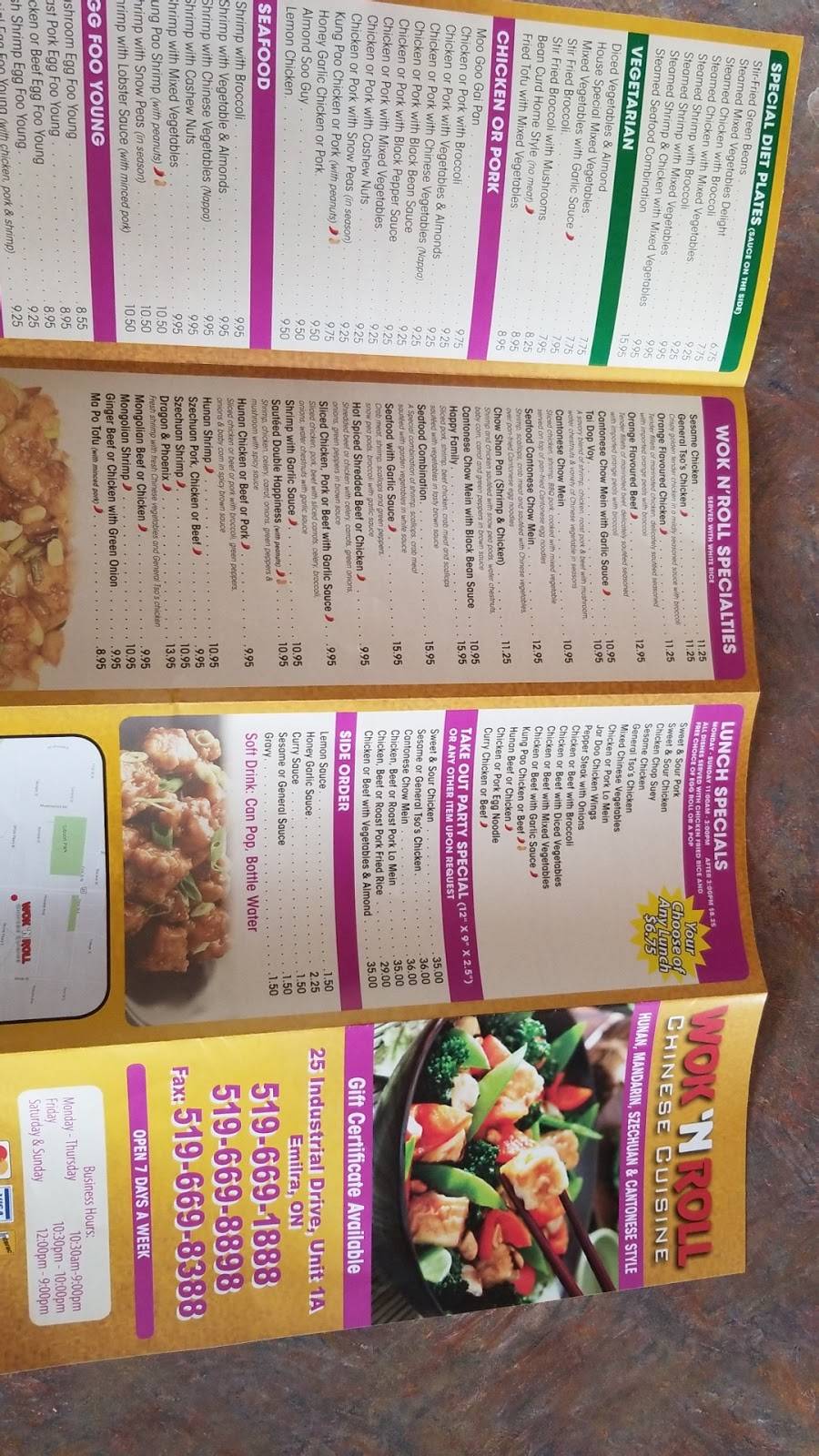 Wok N Roll | restaurant | 25 Industrial Dr, Elmira, ON N3B 3K3, Canada | 5196691888 OR +1 519-669-1888