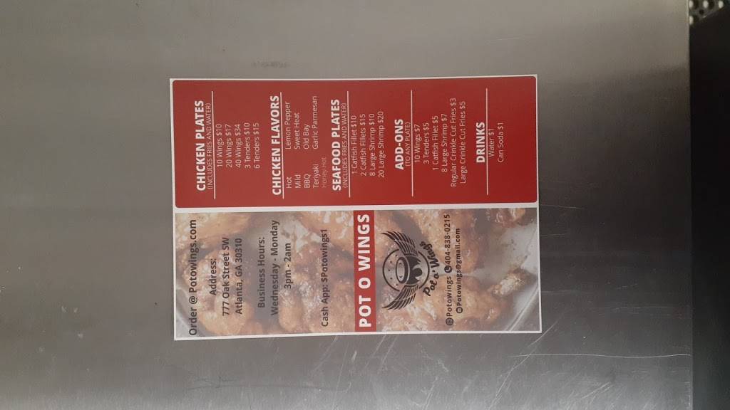 Pot O Wings | restaurant | 777 Oak St SW, Atlanta, GA 30310, USA | 4048380215 OR +1 404-838-0215