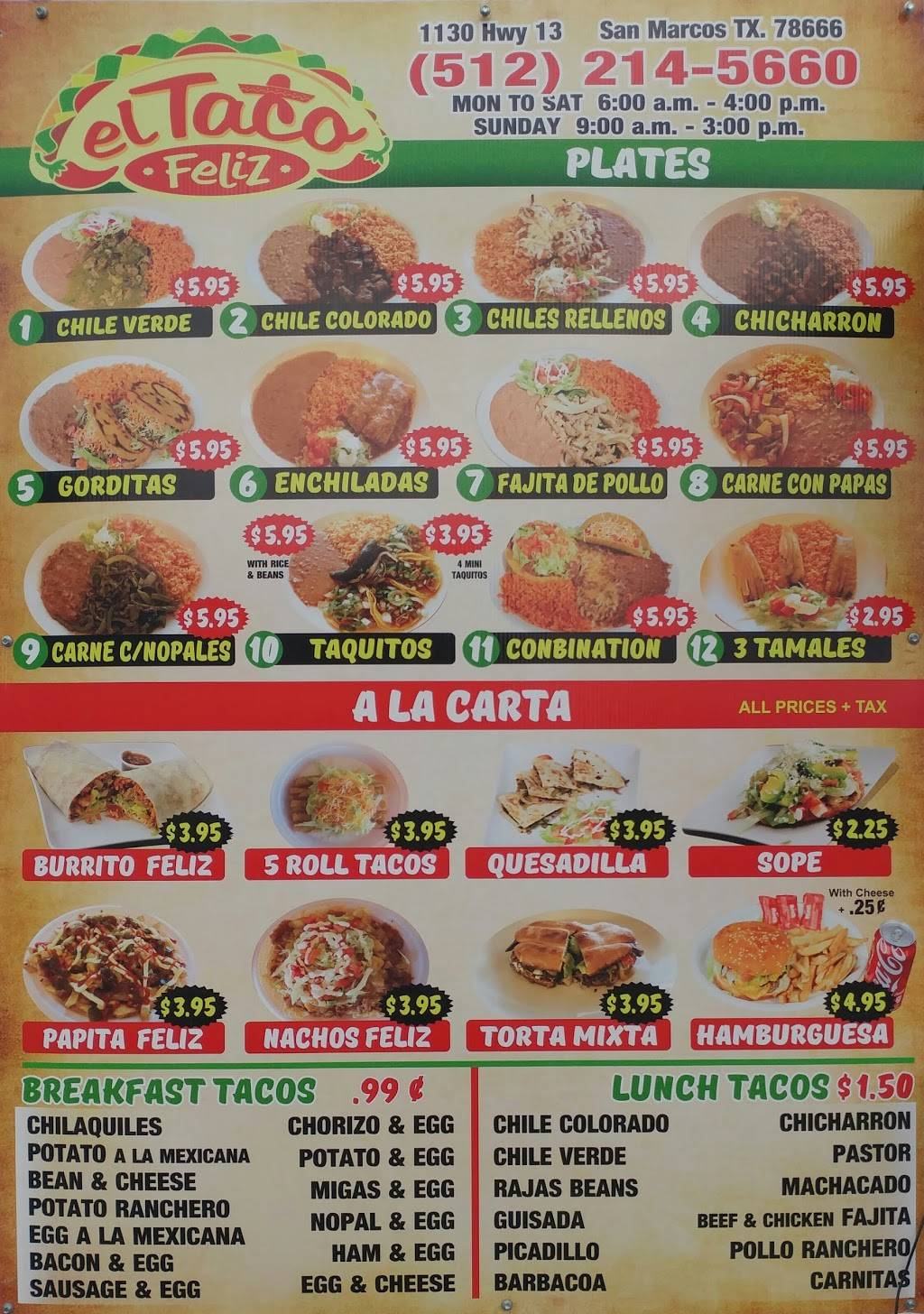 El Taco Feliz 2 | restaurant | 1130 TX-123, San Marcos, TX 78666, USA | 5122145660 OR +1 512-214-5660