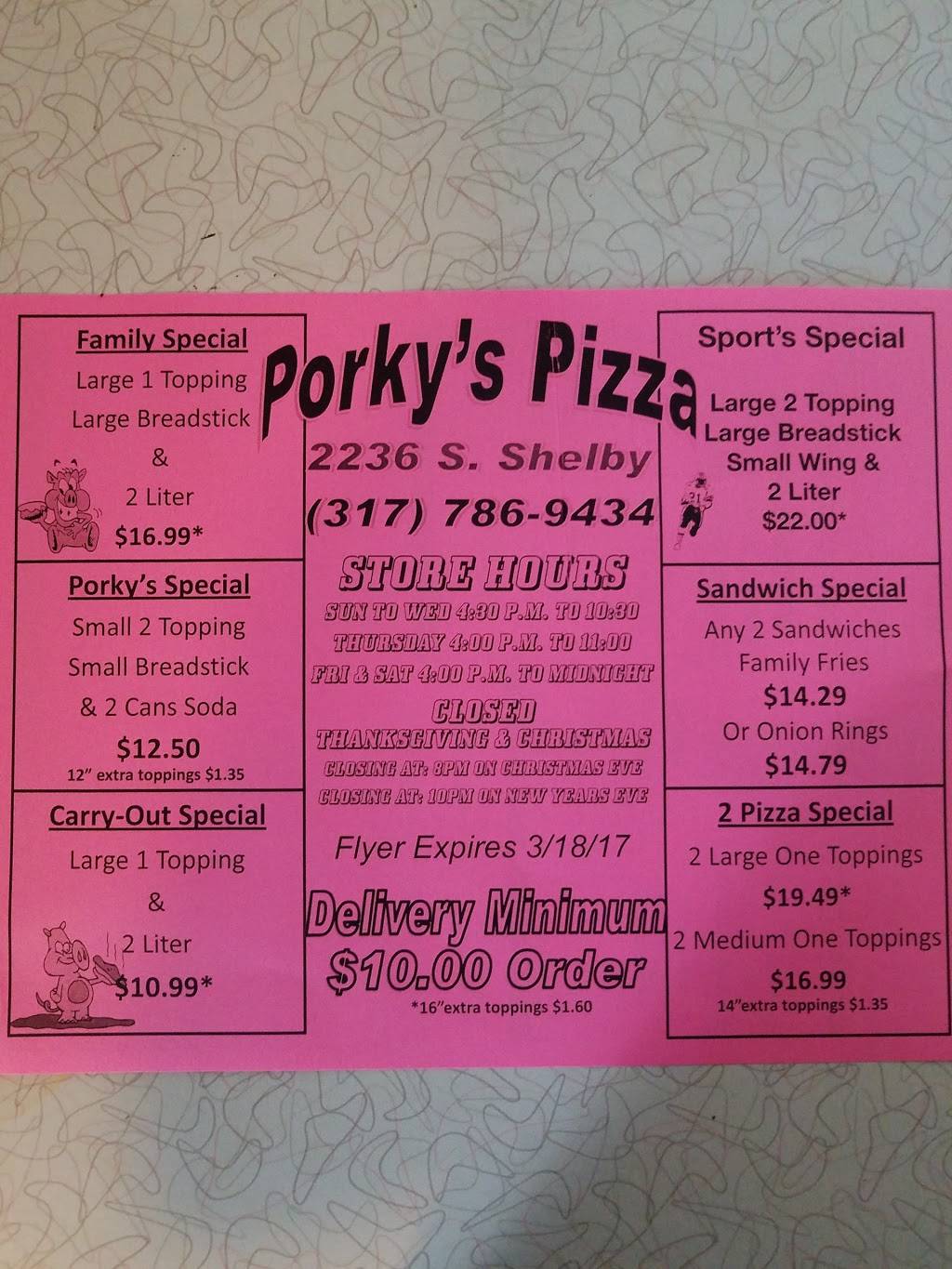 Porkys Pizza | restaurant | 2236 Shelby St, Indianapolis, IN 46203, USA | 3177869434 OR +1 317-786-9434