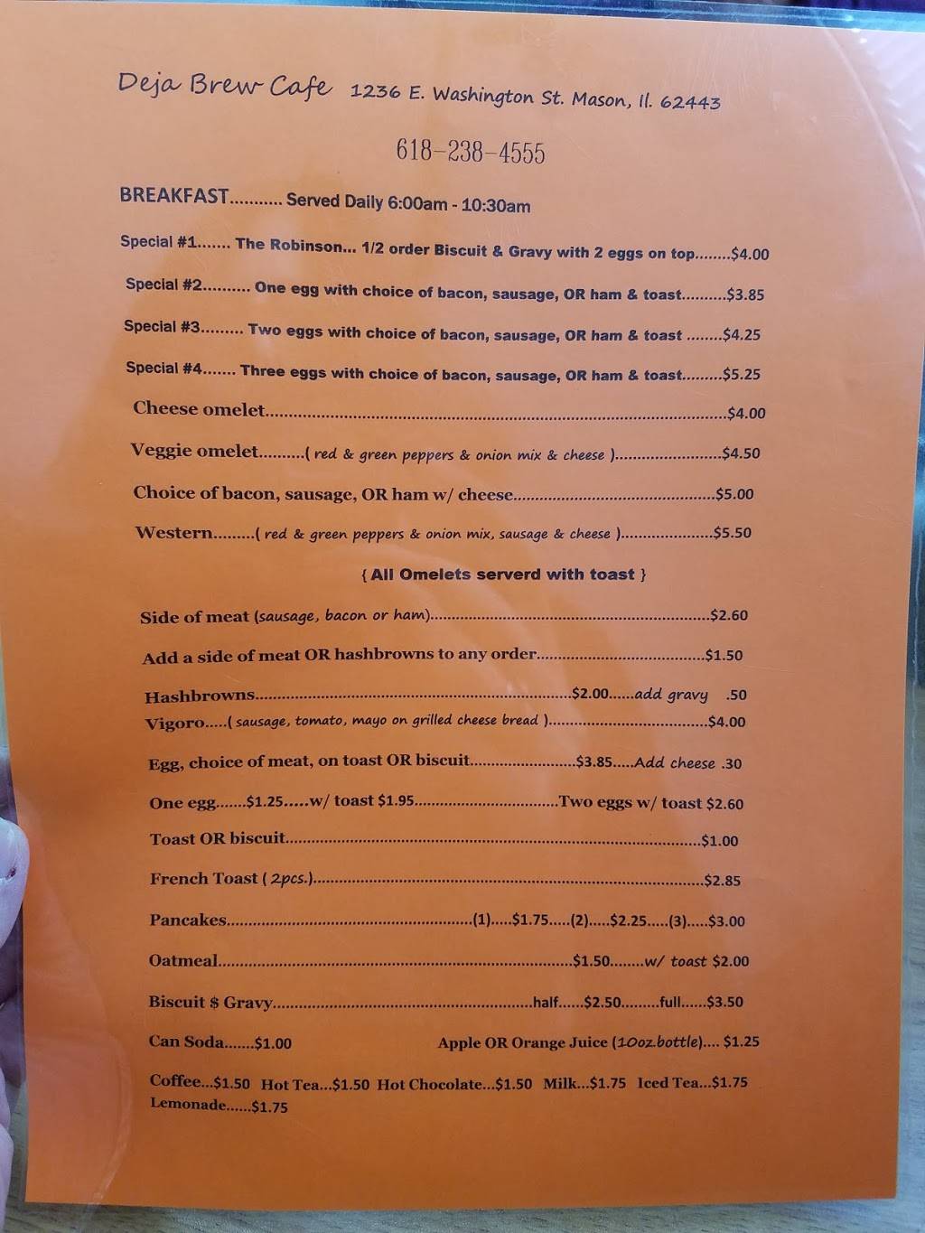 Deja Brew | restaurant | 1236 Washington St, Mason, IL 62443, USA | 6182384555 OR +1 618-238-4555