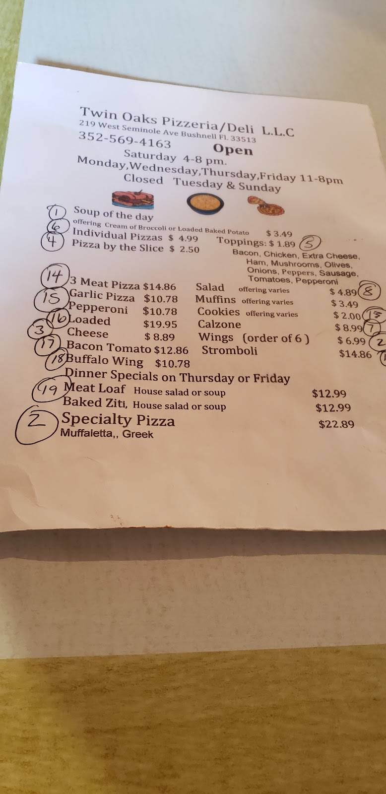 Twin Oaks Pizzeria, Deli | restaurant | 219 W Seminole Ave, Bushnell, FL 33513, USA | 3525694163 OR +1 352-569-4163